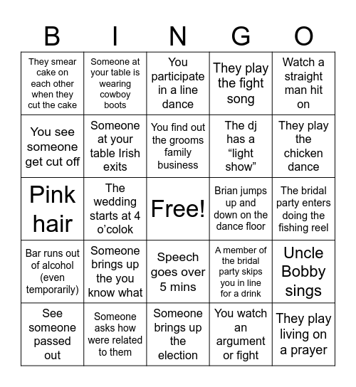 family wedding Bingo Card