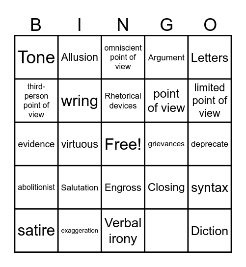 Short Stories Bingo Card