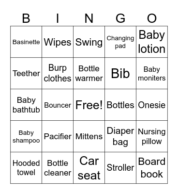Jessica's Baby Shower Bingo Card