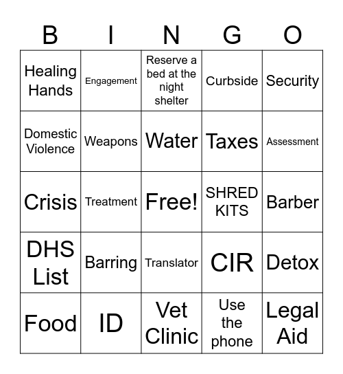Homeless Alliance Bingo Card