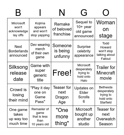 Xbox Showcase Bingo Card