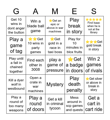Games Bingo Card