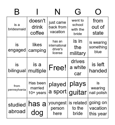 Bridal Bingo Card