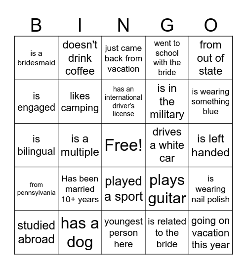 Bridal Bingo Card