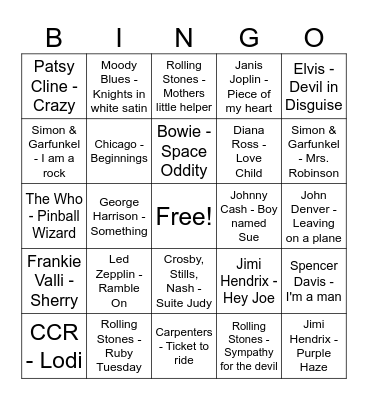 60s Songs Bingo Card