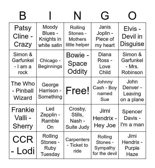 60s Songs Bingo Card