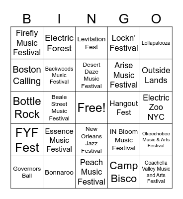 Music Festivals Bingo Card