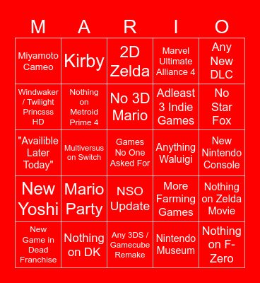 Nintendo Direct June 2024 Bingo Card