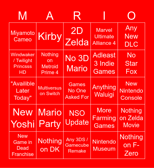 Nintendo Direct June 2024 Bingo Card