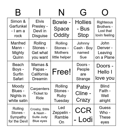 60's Music Bingo Card