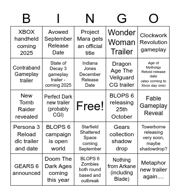 XBOX Showcase + COD Direct Bingo Card