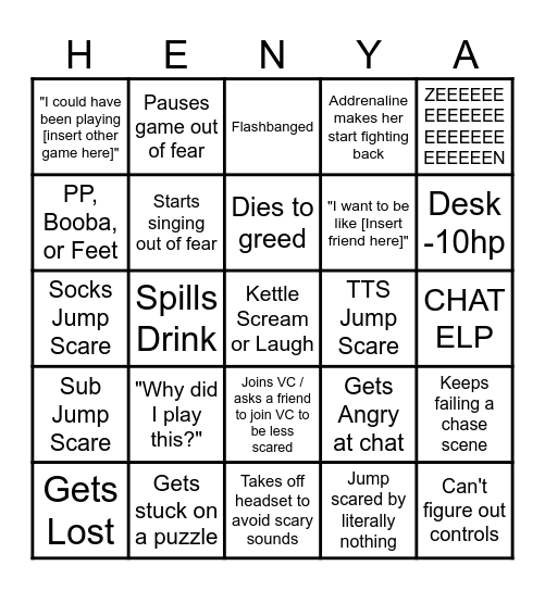 Henya Plays a Horror Game Bingo Card