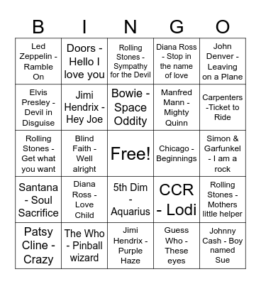 60's Songs Bingo Card