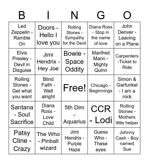 60's Songs Bingo Card