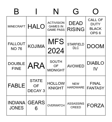 XBOX Bingo Card