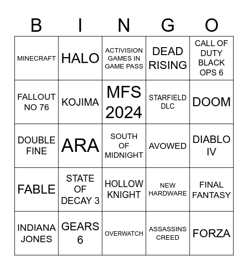 XBOX Bingo Card