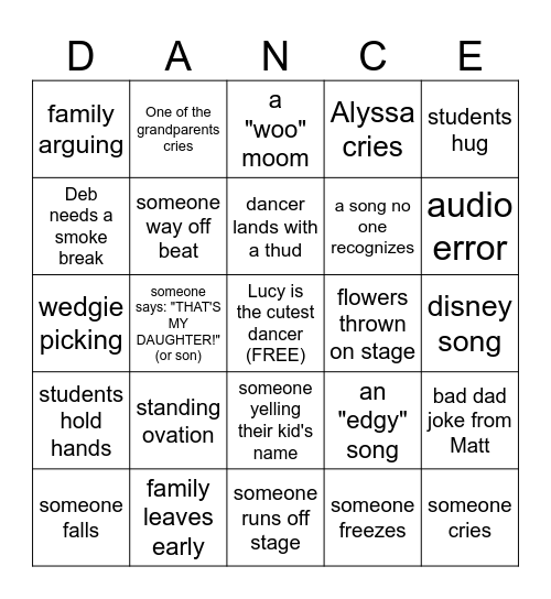 Dance Recital Bingo Card