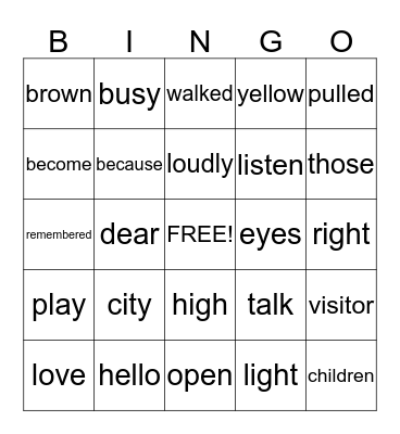 Sight Word Bingo  Bingo Card