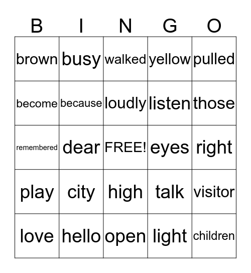 Sight Word Bingo  Bingo Card