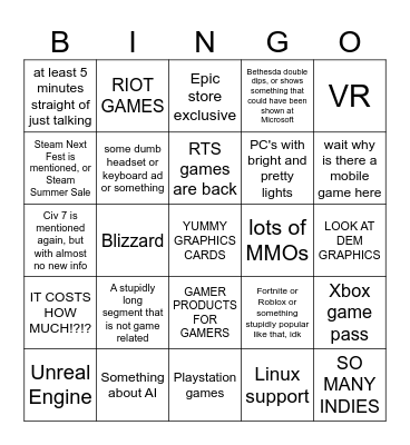 PC Gaming Show 2024 Bingo Card