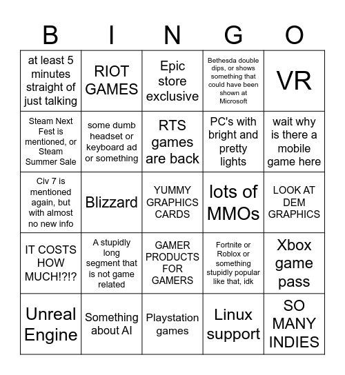 PC Gaming Show 2024 Bingo Card