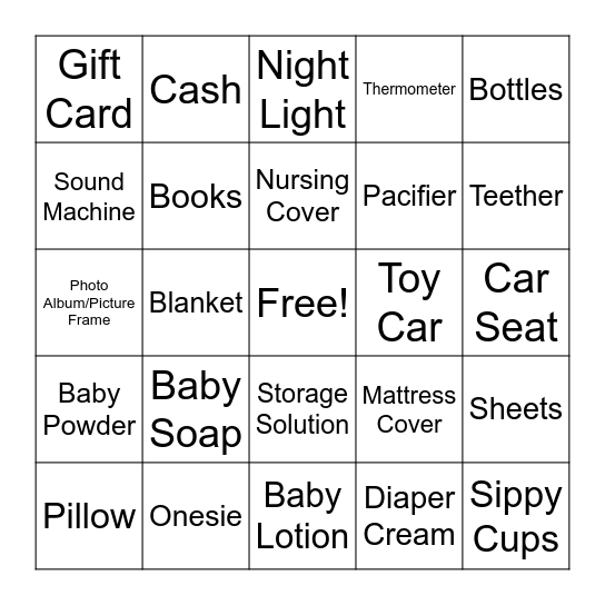 Baby Shower Bingo Card