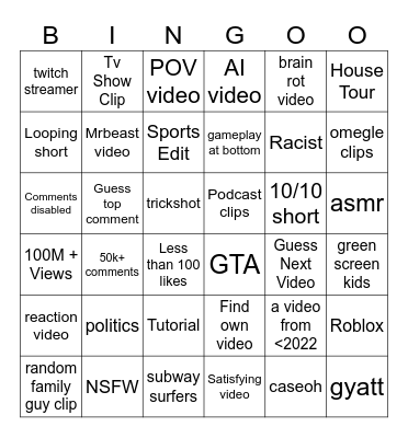 YOUTUBE SHORTS BINGO Card