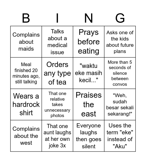 Family gathering bingo Card