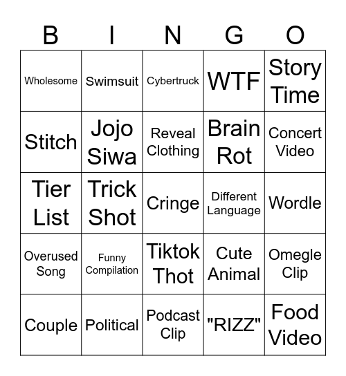 Tiktok Bingo Card