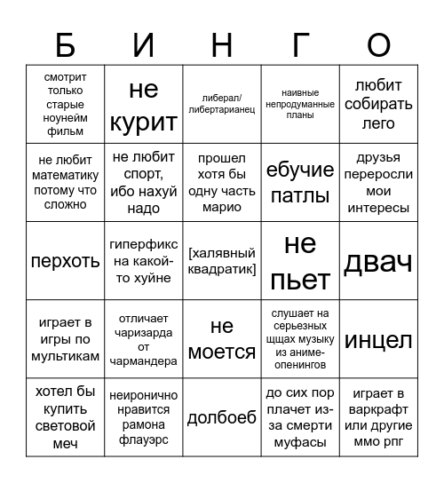 ИНФАНТИЛЬНЫЙ ДЕБИЛ Bingo Card