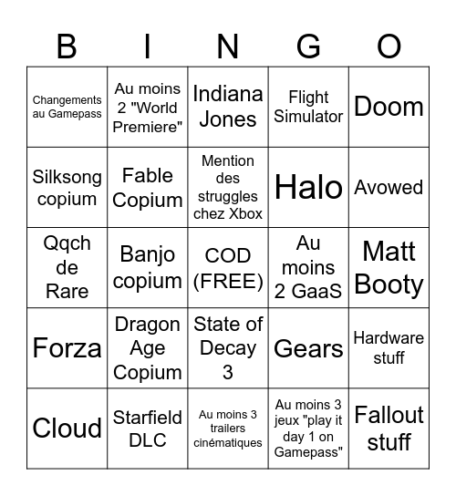 Xbox Show 2024 Bingo Card