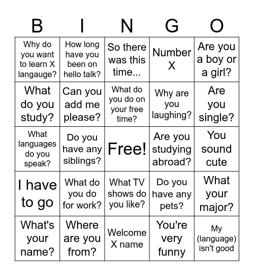 Hello Talk Bingo Card