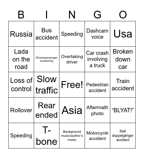 Car crash compilation bingo Card