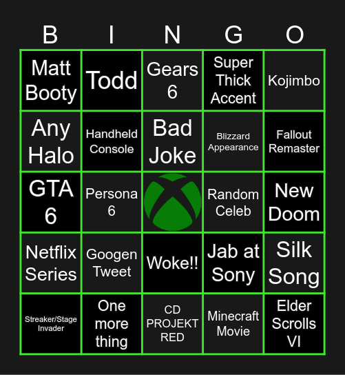 Xbox Showcase Bingo Card