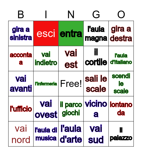 Directions and The School in Italian Bingo Card