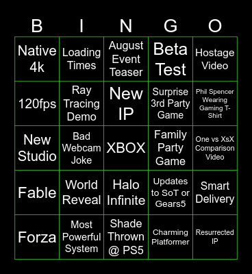 Xbox Game Studios Showcase Bingo Card