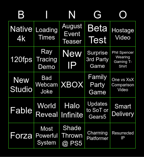 Xbox Game Studios Showcase Bingo Card