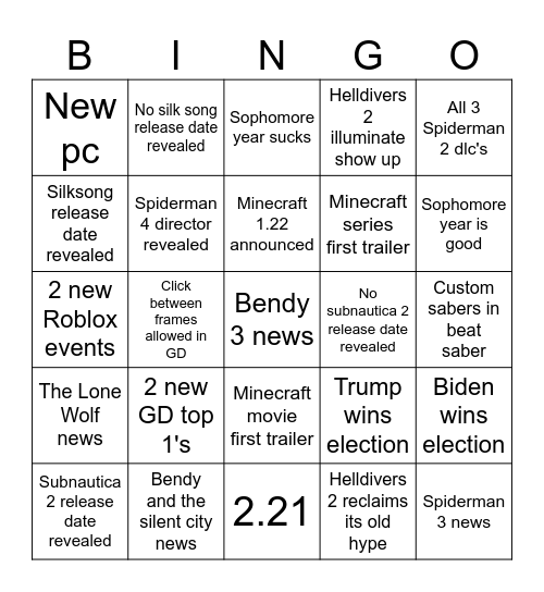 Late 2024 Game Bingo Card