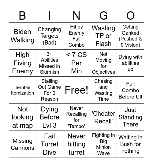 LoL Iron Bingo Card