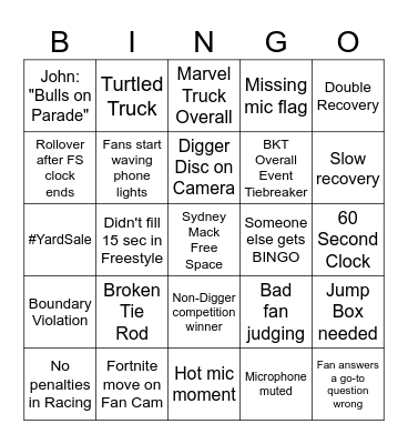 Monster Jam Livestream Bingo INTL Timed Bingo Card