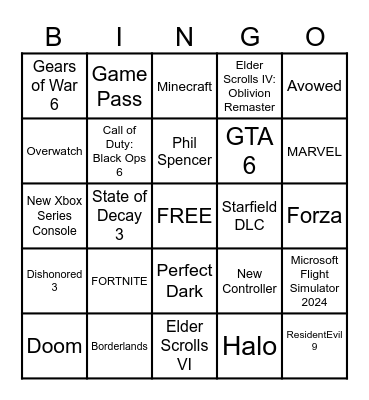 Xbox Showcase 2024 Bingo Card