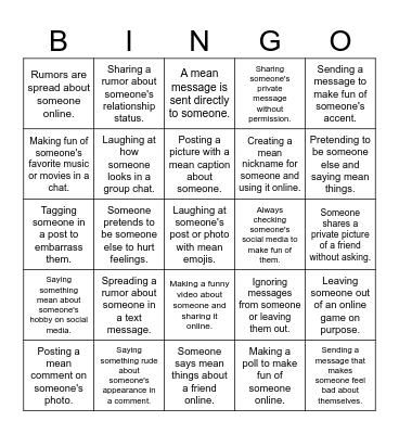 Cyberbully Situations Bingo Card