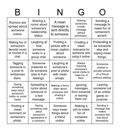Cyberbully Situations Bingo Card