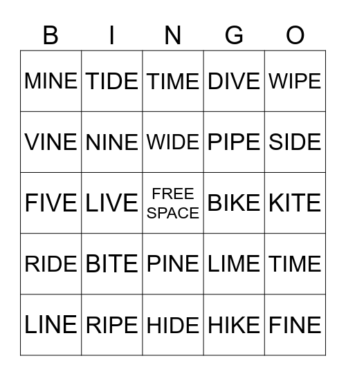 LONG i VOWEL SOUND Bingo Card