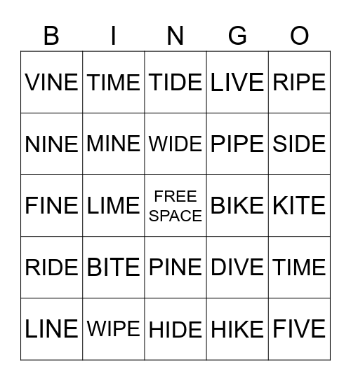 LONG i VOWEL SOUND Bingo Card