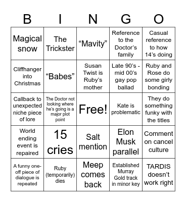 Doctor Who Finale Bingo Card