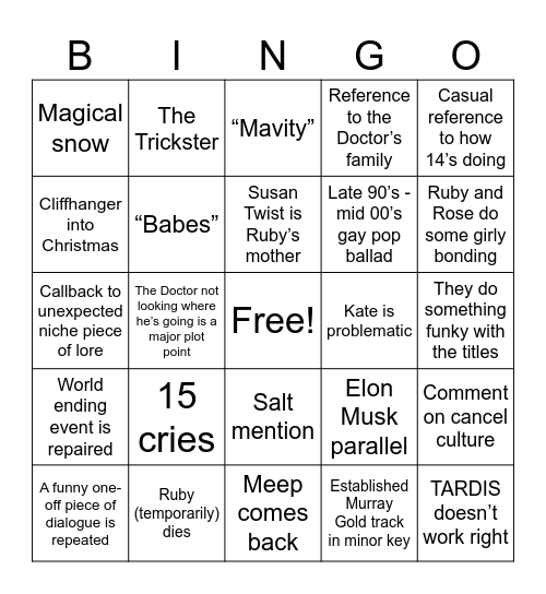 Doctor Who Finale Bingo Card