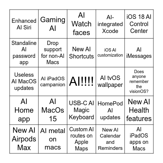 AI WWDC 2024 Bingo Card