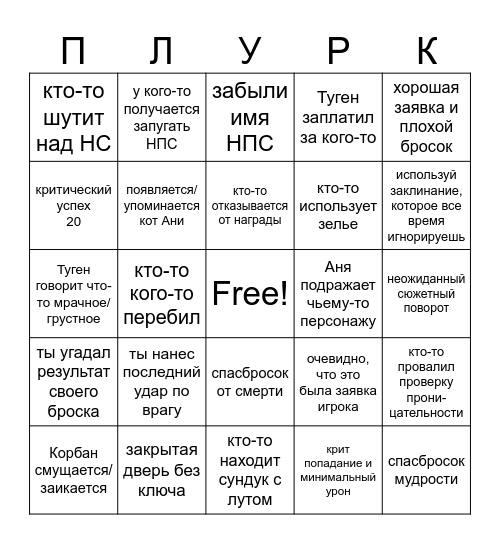 БИНГО ДНД Bingo Card