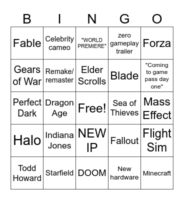 Xbox Showcase Bingo Card